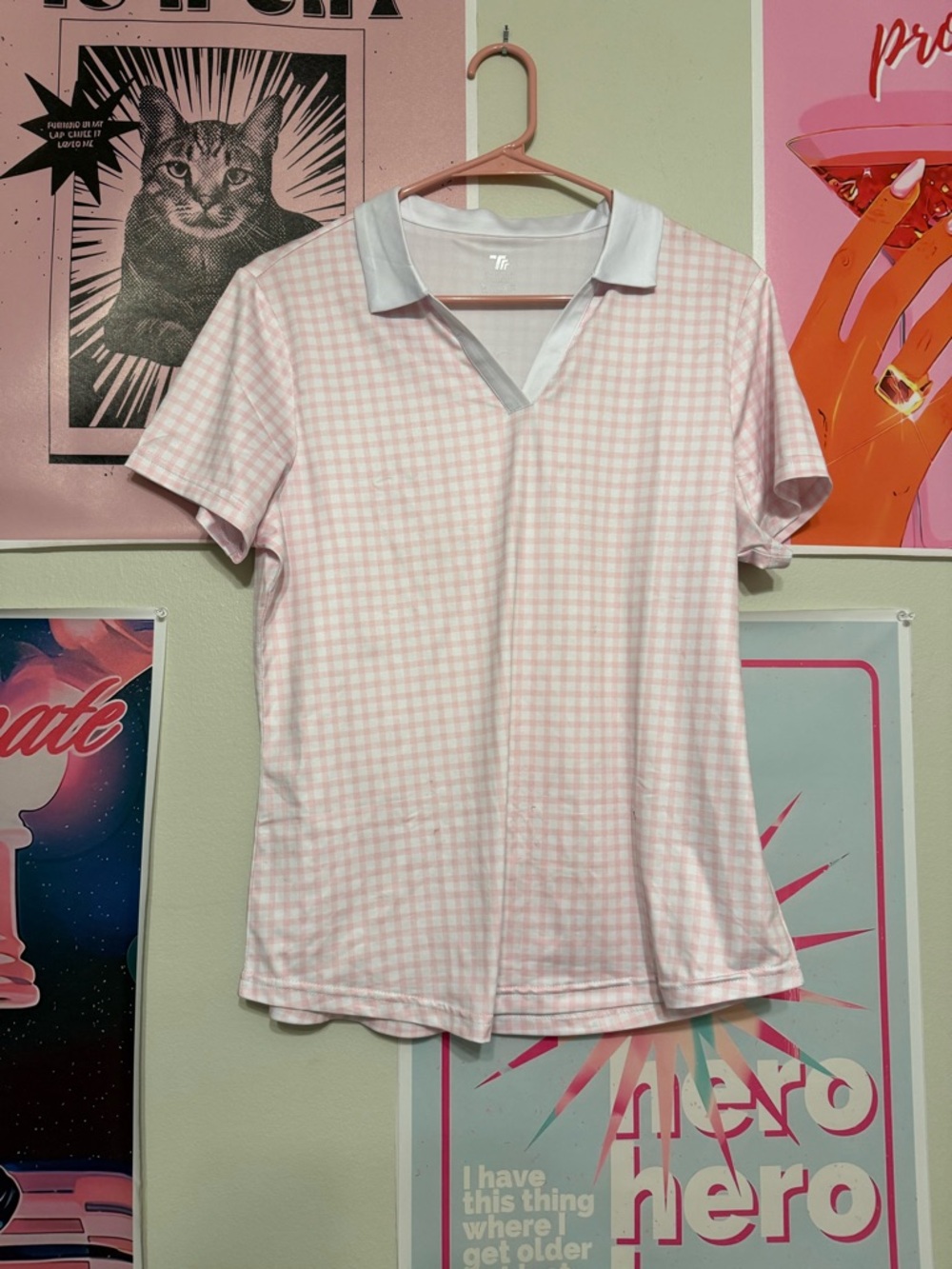 Pink Gingham Polo Shirt with White Collar